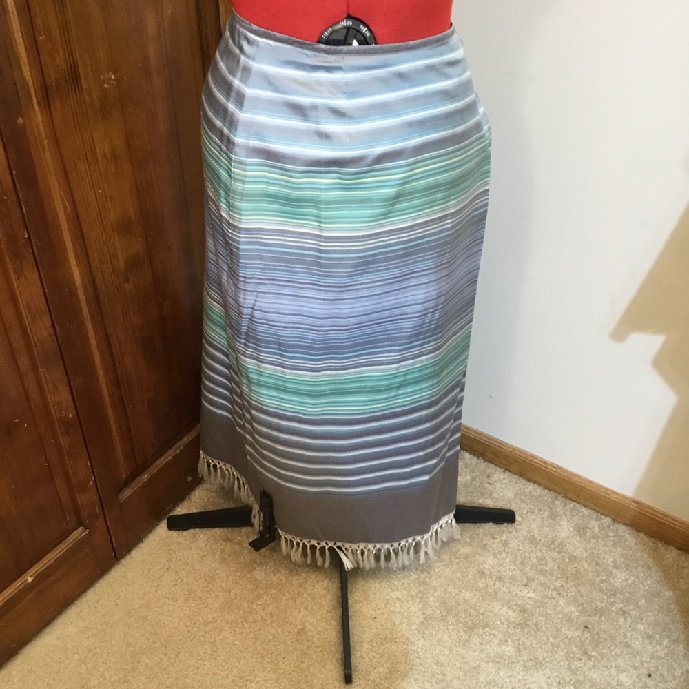 Liz Claiborne Blue and Gray Striped wrap skirt, size 2P, NWT, tassel hem, silk
